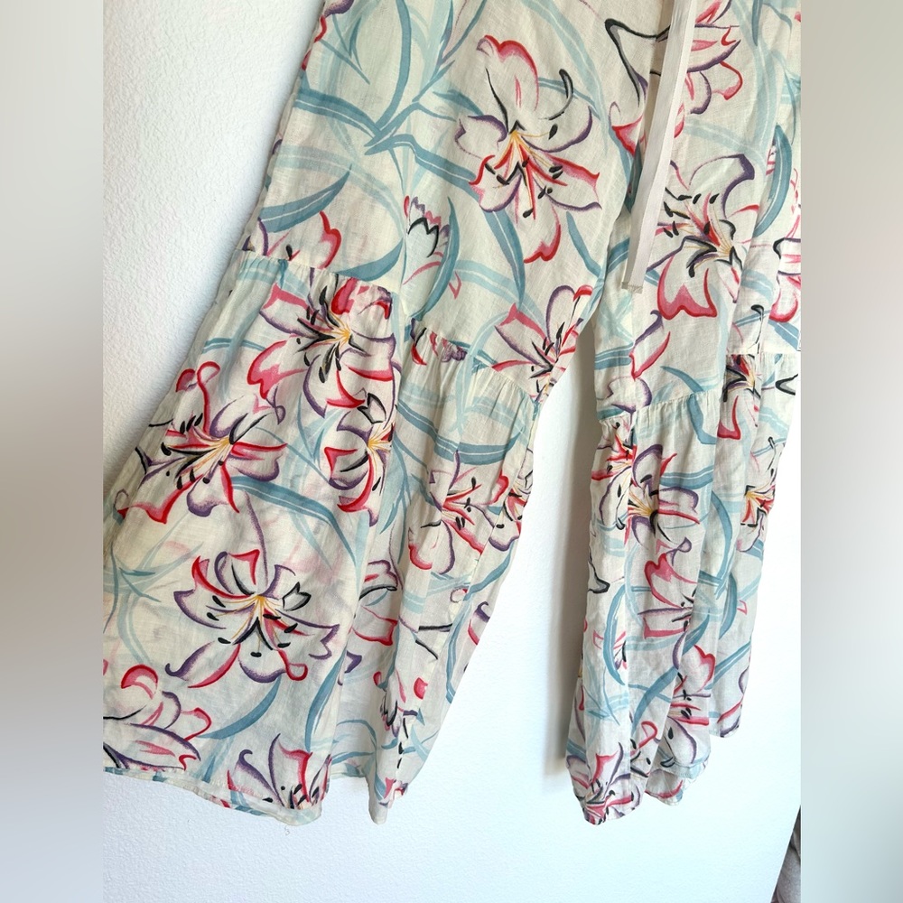 Anthropologie Ruffled Wide-Leg Pull-On Tropical Orchid 100% Cotton Flowy Pants - Picture 3 of 8